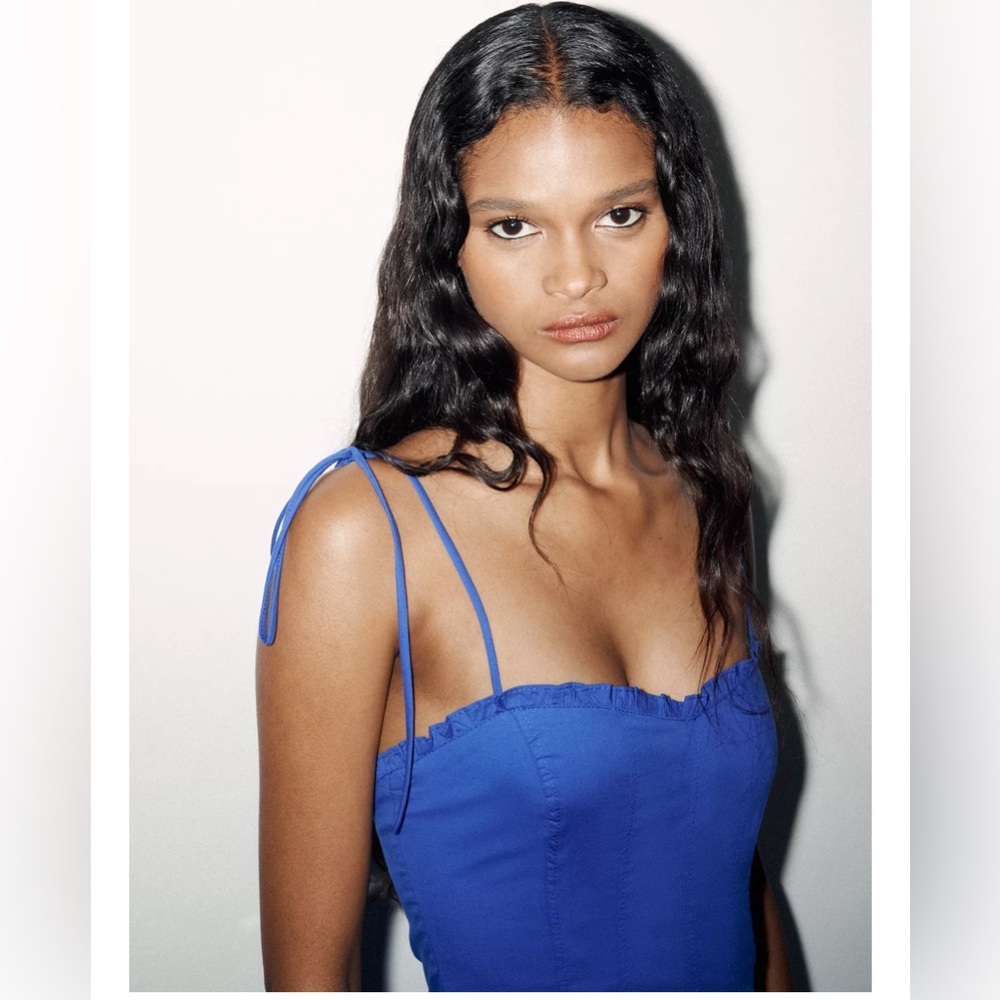 ZARA COTTON POPLIN TIE MIDI DRESS | CORNFLOWER BLUE | L NWT - Picture 9 of 16